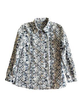 John Mark Women's Sz Small Embroidered Button-Up Shirt Blue & White